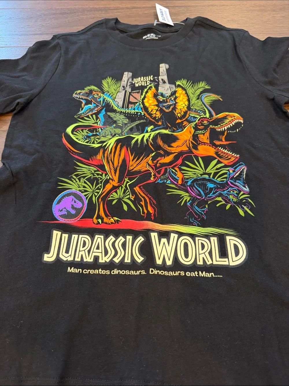 Old Navy Black Jurassic World Neon Dinosaur Graphic Tee Size Large 10/12 NWT- P3